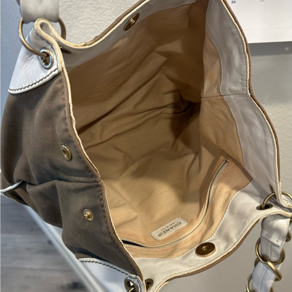 Chanel ( w/ COA) Tan & White Denim Leather Tote - Picture 13 of 13